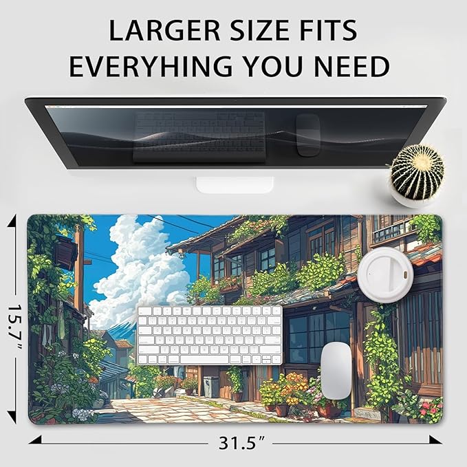 Japanese Street Scene Large Gaming Mouse Pad 31.5"x15.7"｜XXL Desk Mat, Non-Slip Rubber Base & Stitched Edges - Extended Waterproof Mousepad for PC/Laptop/Office/Home Decor