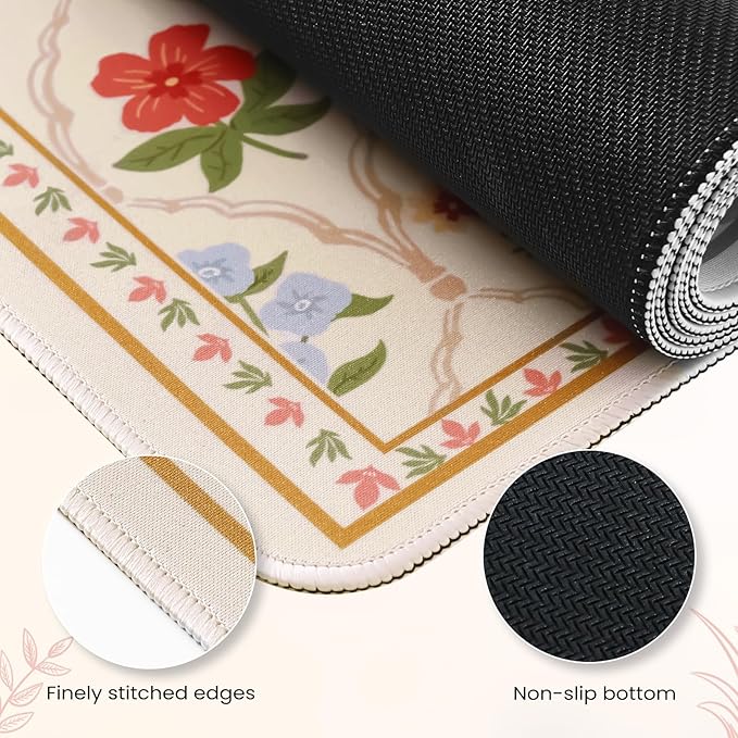 iCasso Large Mouse Pad,Floral Desk Mat,Non Slip Desk Pad,Computer Mats for Desktop, Gaming Mouse Pad 15.7X35.4 Inches,Comfortable Lycra Surface Keyboard Pad for Office Home School (Beige)