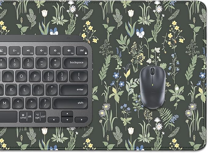 Green Plants Flowers Desk Pad Mouse Pad,Large Floral Mouse Mat with Stitched Edges,Non-Slip Rubber Base Elegant Mousepad for Office PC Keyboard Laptop and Home Work Desk Mat(27.5X11.8 in)