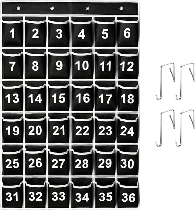 36 Pockets Black Numbered Classroom Pocket Chart for Cell Phones, Hanging Pocket Chart Storage for Classroom Phone Calculator Holder with 4 Hooks (Black-36pockets)