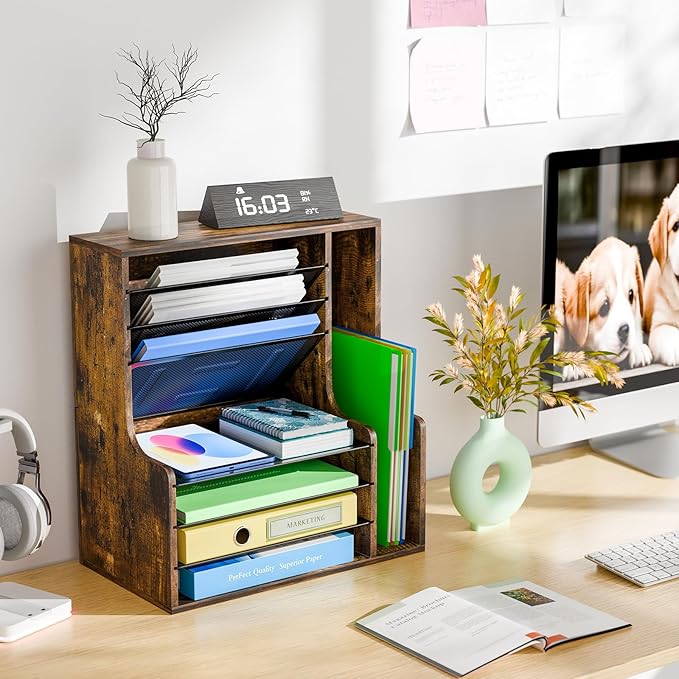 Simple Trending 7 Tier Desk File Organizer, Wooden Letter Tray Paper Organizer with Adjustable File Holder, Mesh Desktop Organizer and Storage for Office Supplies