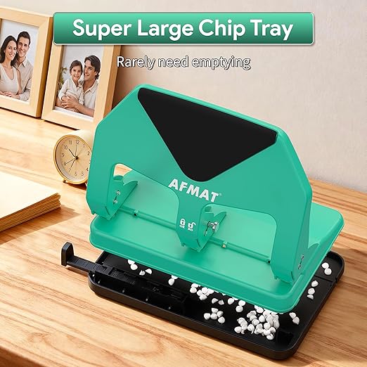 AFMAT HP20 Heavy Duty 3 Hole Punch, 50-Sheet Capacity, 60% Reduced Effort Three Hole Puncher for Binder, 10K+ Uses, Large Chip Tray, Adjustable Paper Guide, Office Metal Paper Puncher 3 Ring, Green