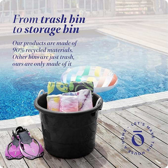 HOMZ 2-Pack Utility Tub, Large Plastic Storage Bucket with Rope Handles, 18 Gallon, Black - Portable Indoor and Outdoor Buckets for Kitchen, Laundry, Garden, Bathroom, and Garage Organization