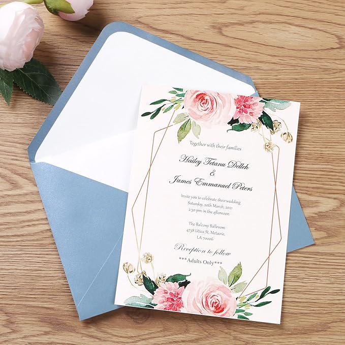 PONATIA 50 Pieces/lot A7 Envelopes, 5.25 X 7.25'' Dusty Blue Envelopes Perfect For 5x7 Weddings Invitation Cards, Graduation, Acrylic Invitations, Photos (Pearl White Liner + Dusty Blue)