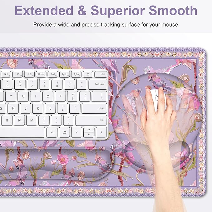 Flower Desk Mat, 4in1 Large Mouse Pad with Wrist Rest, Cute Desk Matt for Desktop, Desk Pad Mat, Anti-Slip XXL Computer Ergonomic Mousepad with Wrist Support for Keyboard and Mouse I Purple Bird