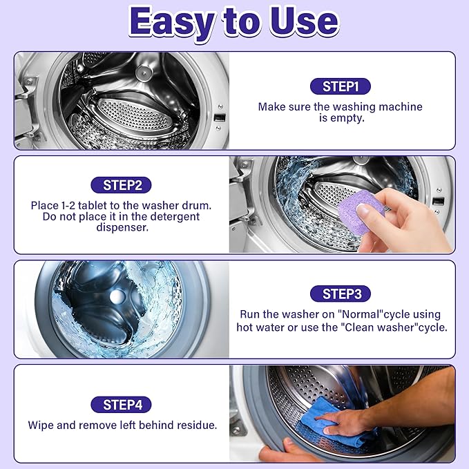edoia 30 Pack Washing Machine Cleaner Tablets, Deep Cleaning for HE, Front＆Top Loader Washer, Natural Fresh Formulared for Pet Owners, Heavy Duty, Septic Safe (Over 12 Month Supply), 15G, Purple