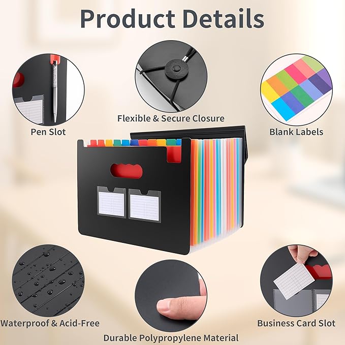 Accordion File Organizer, 2 Pack Secure Closure Expanding File Folder with 25 Pockets, Blank Labels and Colorful Inner Page, Large Waterproof Quick Access Folder Organizer for A4/Letter Size, Black