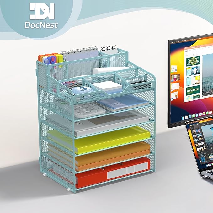 Docnest 6 Tier Mesh Desk Organizer for Paper Office Supplies – Multi-Functional Letter Tray with 5 Adjustable Compartments, 3 Pen Holders, Desktop Storage for Files, Mail, Stationery – Blue
