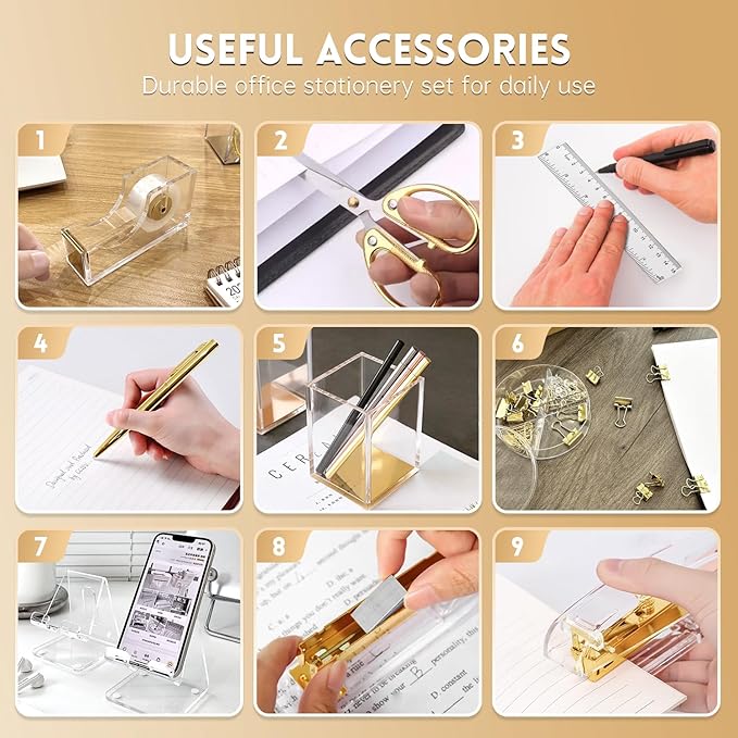 DRQ Gold Desk Accessories, Office Supplies Acrylic Stapler Set, 10Pcs Set for Office with Stapler, Tape Dispenser, Pens, Pen Holder, Phone Holder, Tape, Ruler, 1 Box Staple, Scissors and 1 Box of Clip