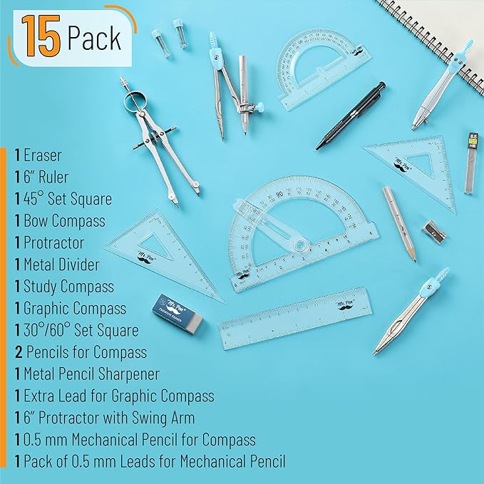 Mr. Pen- Geometry Set, 15 pcs, Light Blue, 6 Inch Swing Arm Protractor, Divider, Set Squares, Ruler, Compasses and Protractor