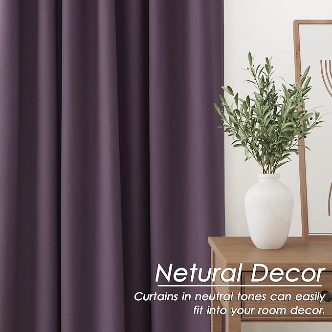 Nanspring Plum Linen Blackout Curtains 84 Inches Long Back Tab Rod Pocket Sound Absorbing Light Blocking 2 Panels Set for Dining Room Neutral Rustic Modern Farmhouse Curtains Drapes 52x84