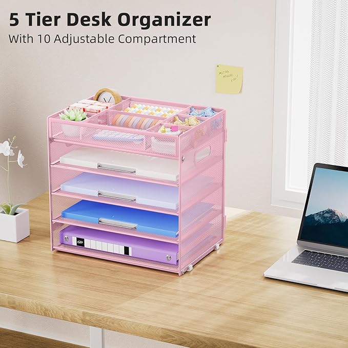 Marbrasse 5-Tier Letter Tray Paper Organizer with Handle, Multi-Functional Mesh File Organizer for Desk, Adjustable Compartments Mesh Desktop Storage for Office Supplies, Pink