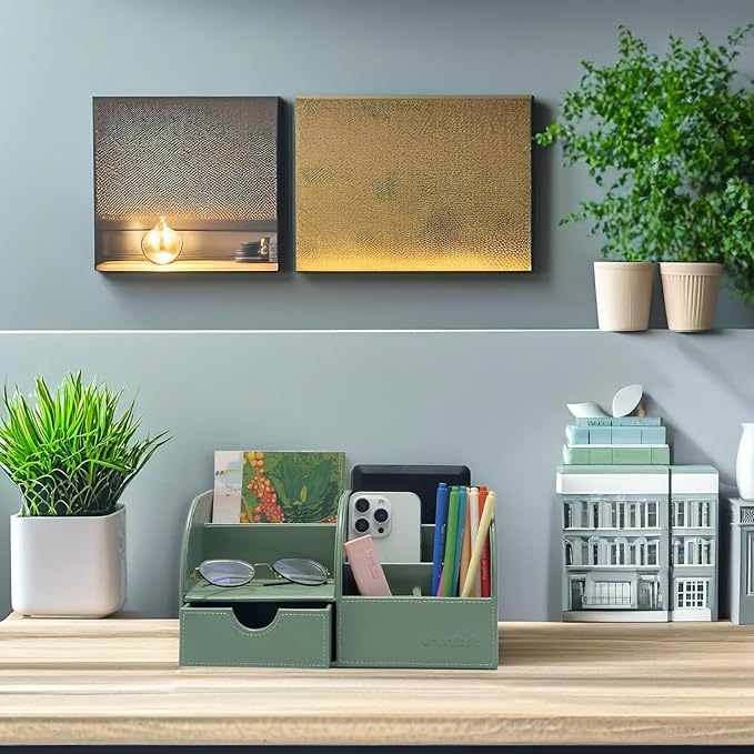 UnionBasic Desk Organizer, Multi-functional Leather Desktop Office Organizer, Pen Holder - Business Card/Pen/Pencil/Mobile Phone/Stationery Holder Storage Box, Malachite Green