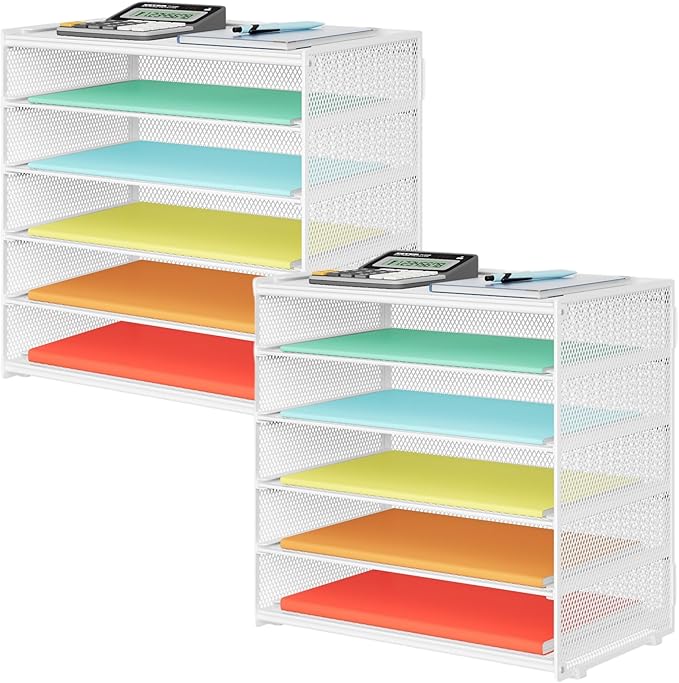 2 Pack 6 Tier Paper Organizer, Metal Mesh Desk File Folder, Letter Tray Organizer, Paper Sorter Desk Organizers for Office, Home or School File Folder Holder - White