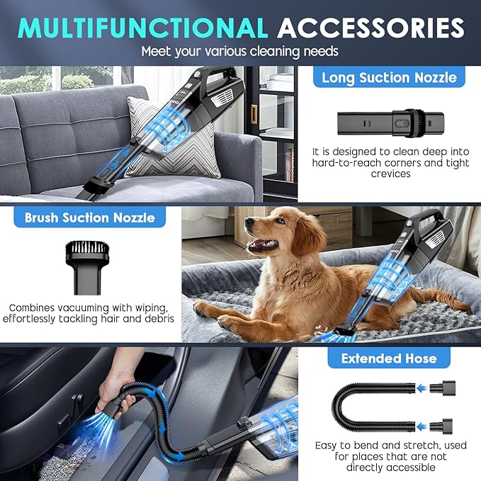 CKIKH Handheld Vacuum Cordless, 15000PA Strong Suction Hand Held Car Vacuum Cleaner Portable with Multi-Nozzles & Washable Filter, Lightweight Dust Busters Rechargeable for Home, Car, Office, Pets