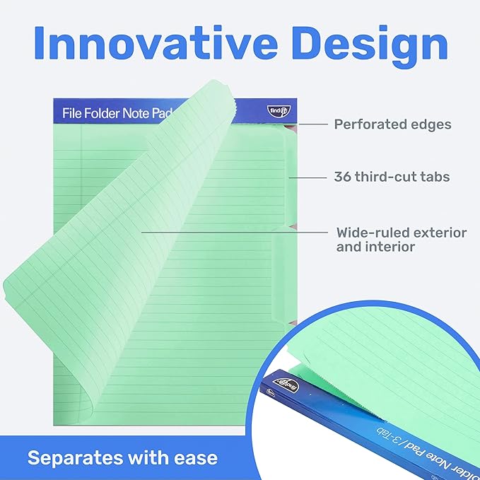 Find It File Folder Notepad - Pack of 36-9.5 x 12.5 Inch Notebook Organizer Folders for Filing, Document, and Clipboard Organization - Green