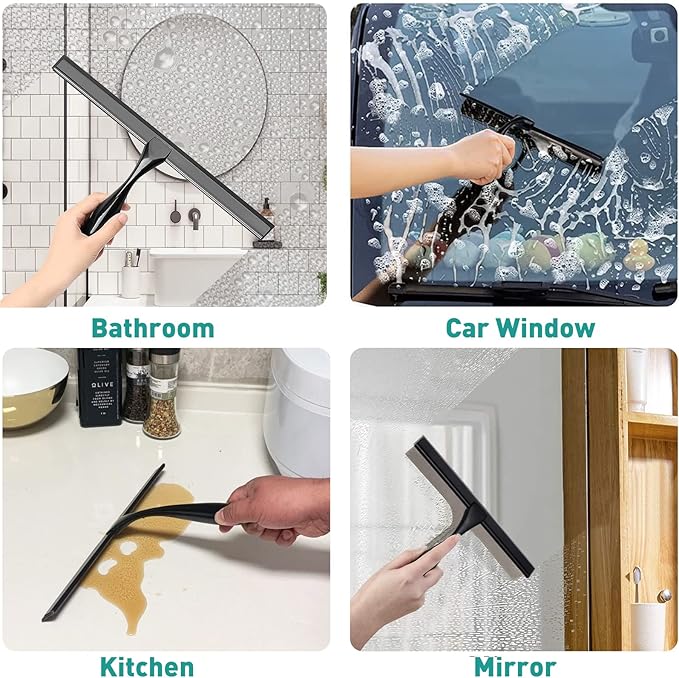steauty Shower Squeegee for Glass Doors,10-Inch Shower Glass Squeegee, Matte Black Shower Squeegee for Shower Doors,Mirror,Windows, with Shower Door Hook and Adhesive Hook