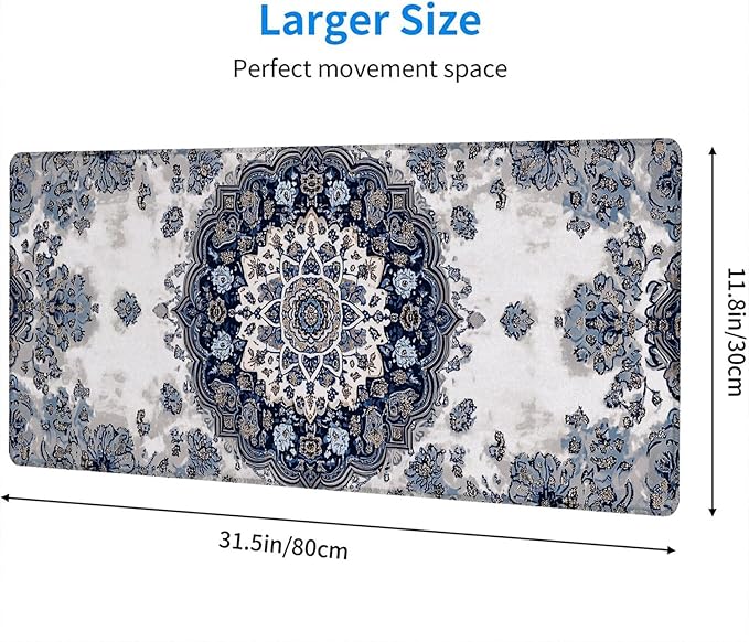Boho Carpet Style Desk Pad Mouse Pad Bohemian Mandala Blue Mousepad XL Large Gaming Mouse Pad Laptop Keyboard Mat Desk Pad Office Home Decor for Women Girl 31.5"x11.8"
