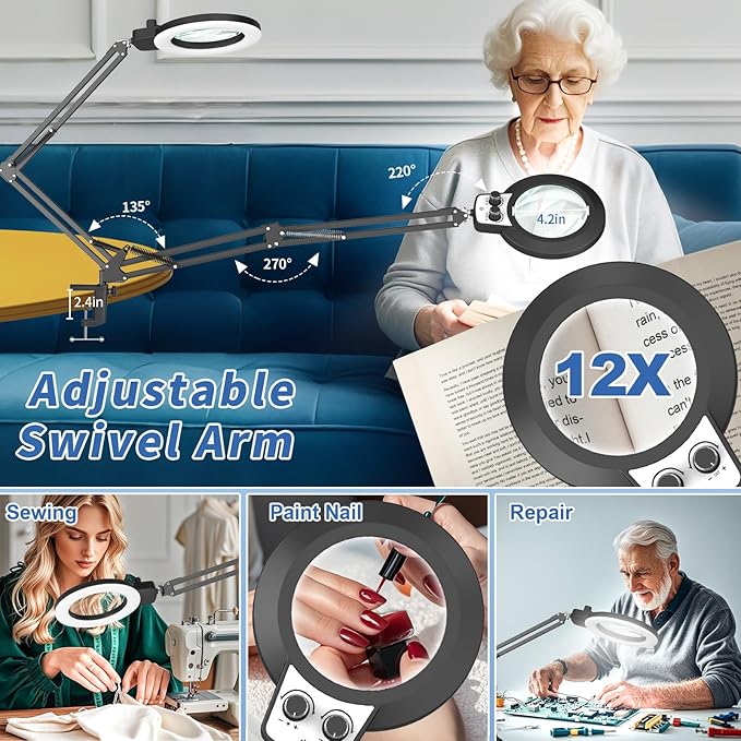 12X Magnifying Glass with Light Hands Free, 2025 New Upgrade Infinite Color and Brightness Magnifying Desk Lamp & Clamp, 2-in-1 LED Lighted Magnifier Stand for Craft Reading Hobby Close Work