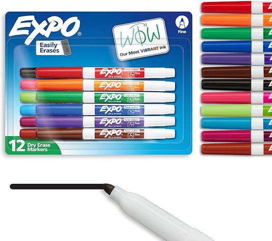 EXPO Low Odor Dry Erase Markers Fine Tip Assorted Colors 12 Count (Pack of 8)