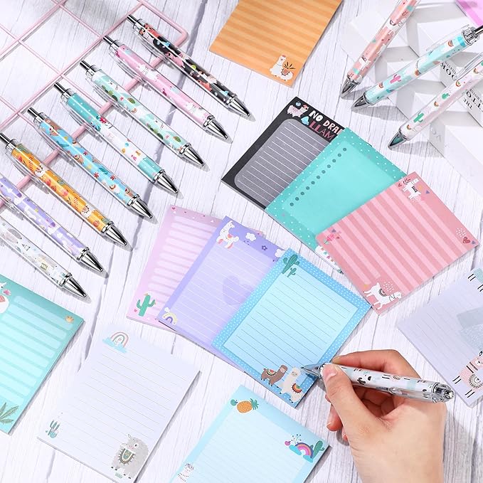 24 Pcs Llama Sticky Notes with Pens Alpaca Themed Gifts Party Favors Cute Notepad Memo Notes Pads Black Ink Ballpoint Pen for Llama Lover Women Christmas Gifts Office School Students Teacher Supplies