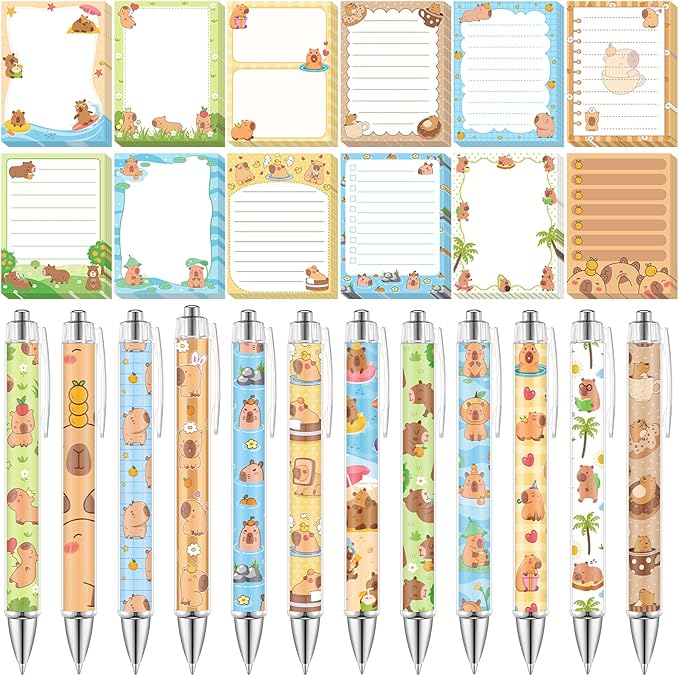 24 Pcs Capybara Sticky Notes with Pens Gifts Self Adhesive Notepad Cute Memo Notes Pads Black Ink Ballpoint Pen for Capybara Lover Gifts Office School Students Teacher Supplies