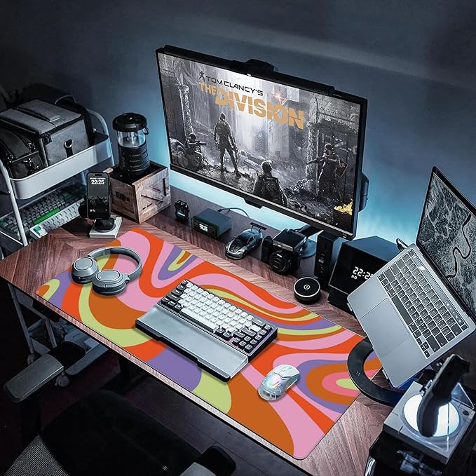 Large Gaming Mouse Pad for Desk, Retro Hippie Colorful Wave Patterns Desk Mat for Desktop, Non-Slip Rubber Base Stitched Edges Long Computer Keyboard Mouse Mat Desk Pad for Home Office 35.4"X15.7"