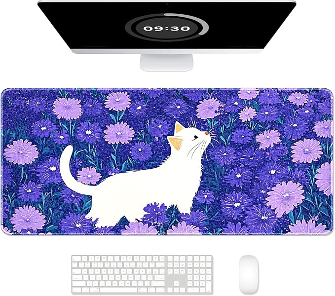 Auhoahsil Large Gaming Mouse Pad, Cute Cat XXL 35.4 x 15.7 in Desk Pad Stitched Non-Slip Rubber Long Computer Mousepad Thin Extended Full Size Desk Mat for Desktop, Laptop, Wireless Mice, Purple
