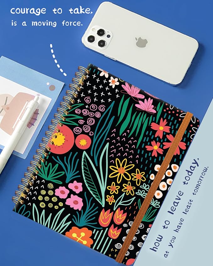 Ruled Spiral Writing Notebook,A5 Hardcover Lined College Journal for Women,Strong Twin-Wire Binding with Premium Paper,8.4" X 6",Perfect for School,Office,Home(Colorful Garden Flowers)