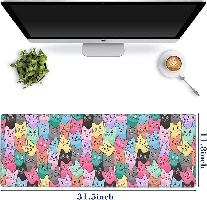 Colorful Cats Mouse Pad Desk Mat XL Large Gaming Mousepad Extended Computer Keyboard Mat with Non-Slip Rubber Base and Stitched Edge 11.8 x 31.5 Inch for Gaming and Office Work