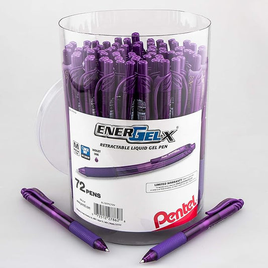 Pentel EnerGel-X Retractable Gel Pen, (0.7mm) Med. Line, Violet Ink, 72-PK Canister (BL107PC72V)