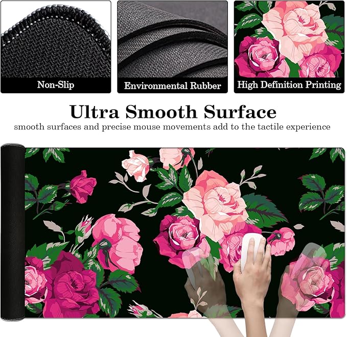 Pink Rose Desk Pad Protector, Stitched Edges Flower Mouse Pad, Large Office Mat, Non-Slip Blotter, Laptop Pad, Floral Writing Pad for Office and Home (31.5" x 15.7")