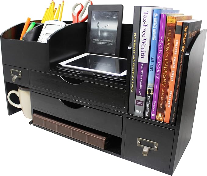 Executive Office Solutions Large Adjustable Wooden Office Desk Organizer For Desktop, Tabletop, or Counter – Wood Storage Shelf Rack – For Office Supplies, Desk Accessories, or Mail - Black (WO13)