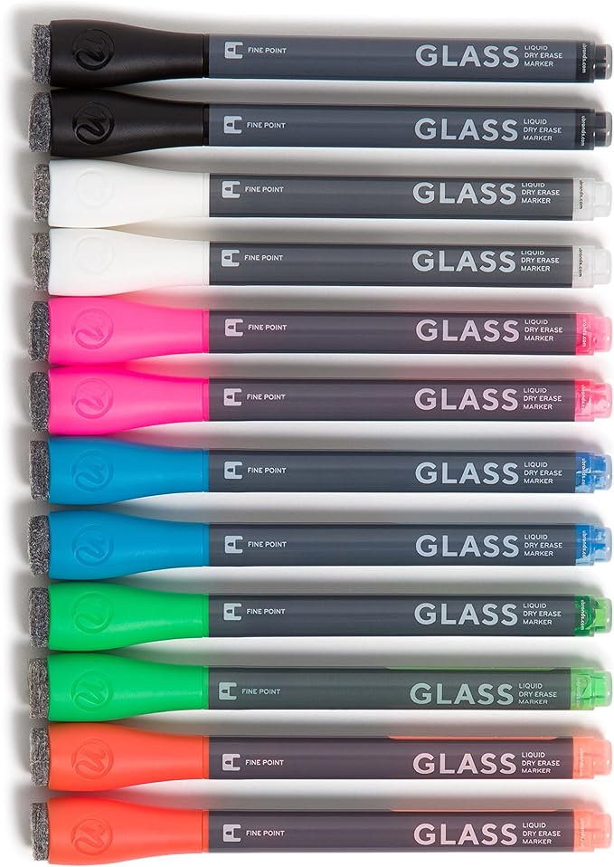 U Brands Fine Tip Liquid Glass Whiteboard Markers with Eraser for Glass Boards, Dry Erase Boards, and Chalk Boards, Assorted Bright Colors, Set of 12