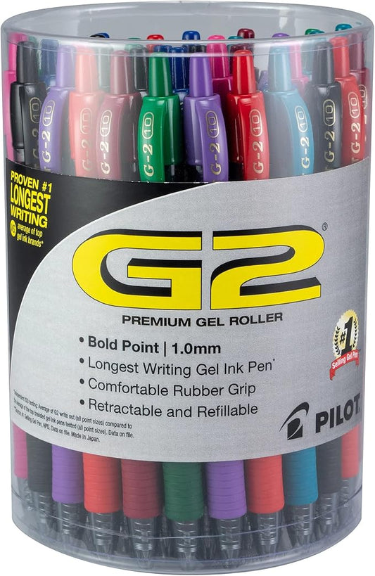 Pilot G2 Premium Retractable Gel-Ink Rolling Ball Pens, Bold Point (1.0mm), 1.0 Gel Pens, Assorted, Tub of 36 - Ideal for School, Journaling, & Office Writing