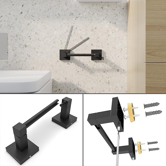 Ruacq 4 Pieces Bathroom Hardware Set Matte Black Square Stainless Steel and Zinc Alloy Modern Wall Mounted,18-Inch Towel Bar,Toilet Paper Holder,Towel Ring,Robe Hook,Bathroom Accessories Kit