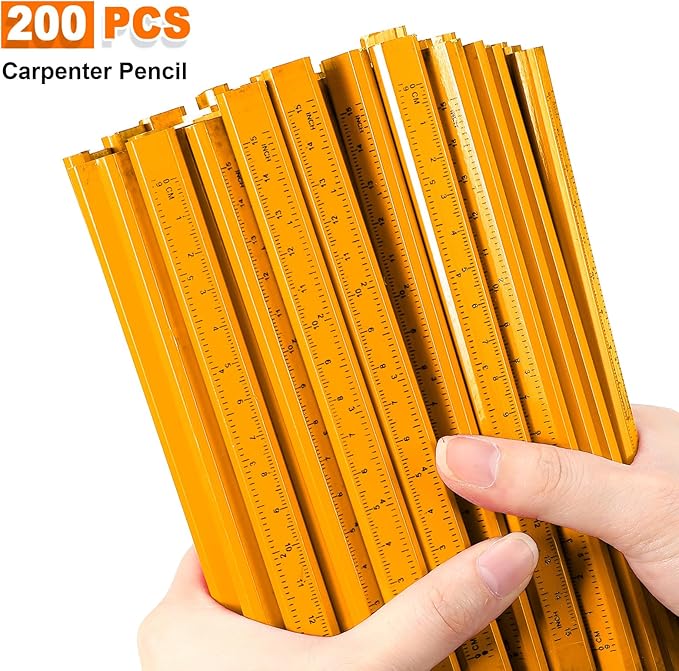 Honoson 200 Pcs Flat Construction Pencils with Printed Ruler Wood Graphite 2 Pcs Carpenter Pencil Sharpener for Woodworking Marking Tool(Wood)