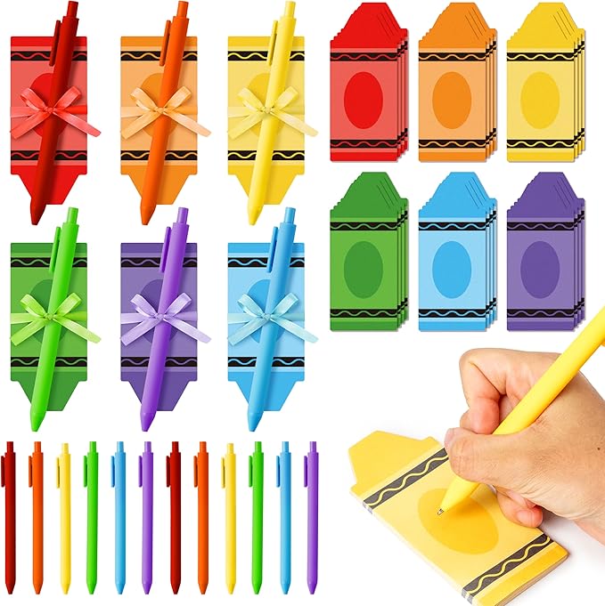 Bright Colors Sticky Notes - 72pcs Cute Crayon-Shaped Super Self Sticky Strong Adhesive Pastel Note Pads Pens Ribbon Set Sticking Power Memo Stick Pads Back to School Supplies Office Products