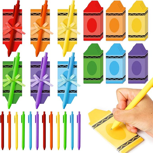 Bright Colors Sticky Notes - 72pcs Cute Crayon-Shaped Super Self Sticky Strong Adhesive Pastel Note Pads Pens Ribbon Set Sticking Power Memo Stick Pads Back to School Supplies Office Products