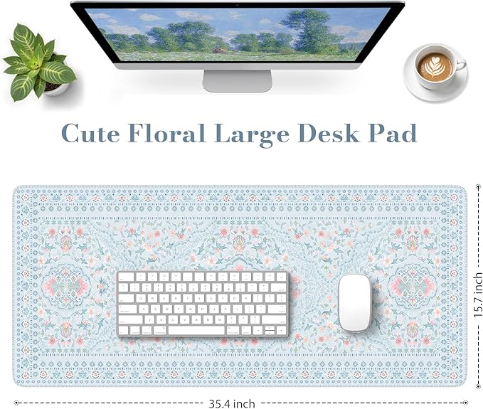 HAOCOO Floral Desk Mat for Keyboard and Mouse, Large Laptop Mouse Pad, Waterproof Makeup Mat, Cute Desktop Mat for Home, Desk Skirts for Teacher Desk, Desk Mat for Dorm(Blue)