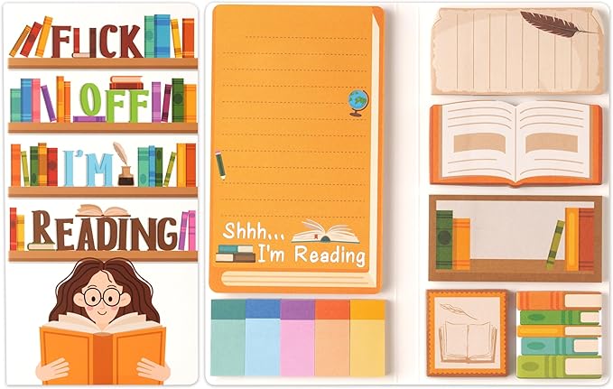 B1ykin Sticky Notes Set, Cartoon Theme Cute Self-Stick Notes Pad Christmas Thanksgiving Gifts， Self-Adhesive Writing Memo Pages Sticky to Do Notepad for Employee School Office (Funny Book Lovers)