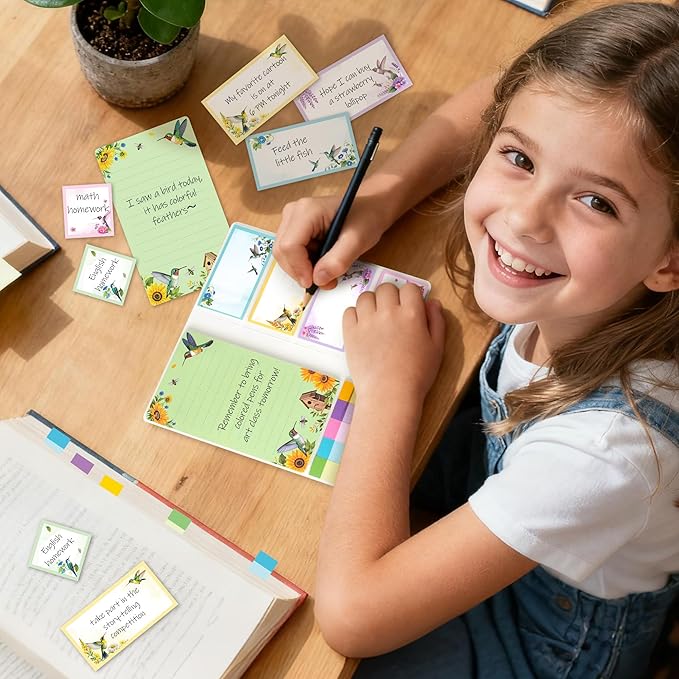 B1ykin Sticky Notes Set, Animal Theme Cute Self-Stick Notes Pad Teacher Appreciation Gifts， Self-Adhesive Writing Memo Pages Sticky to Do Notepad for Kids Employee School Office (Hummingbird)