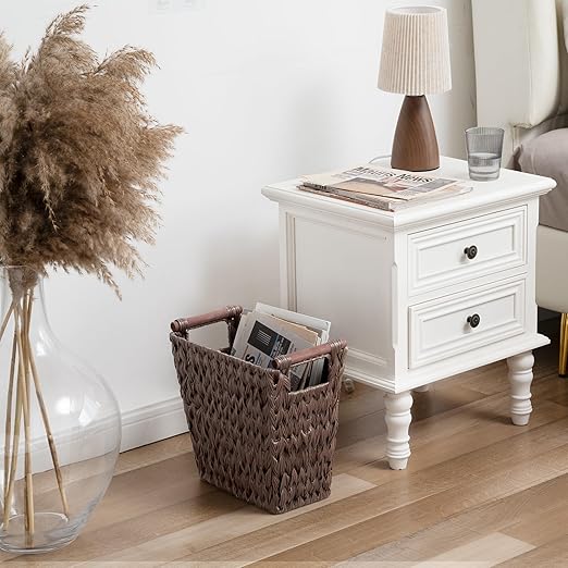 GRANNY SAYS Woven Trash Basket, Brown Wastepaper Basket with Handles, Wicker Bathroom Trash Can for Dorm Laundry Room, 1-Pack, 13" x 7 ½" x 12 ½"