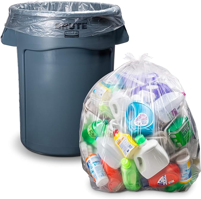 55 Gallon Clear Trash Bags, (50 Bags w/Ties) Large Clear Plastic Recycling Garbage Bags