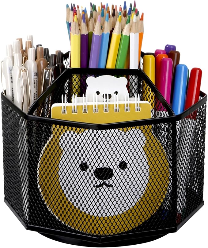 Comix 360° Rotating Pen Holder for Desk, 5 Compartments Office Desk Organizer, Black Mesh Metal Pencil Holder Cup for Office Home School