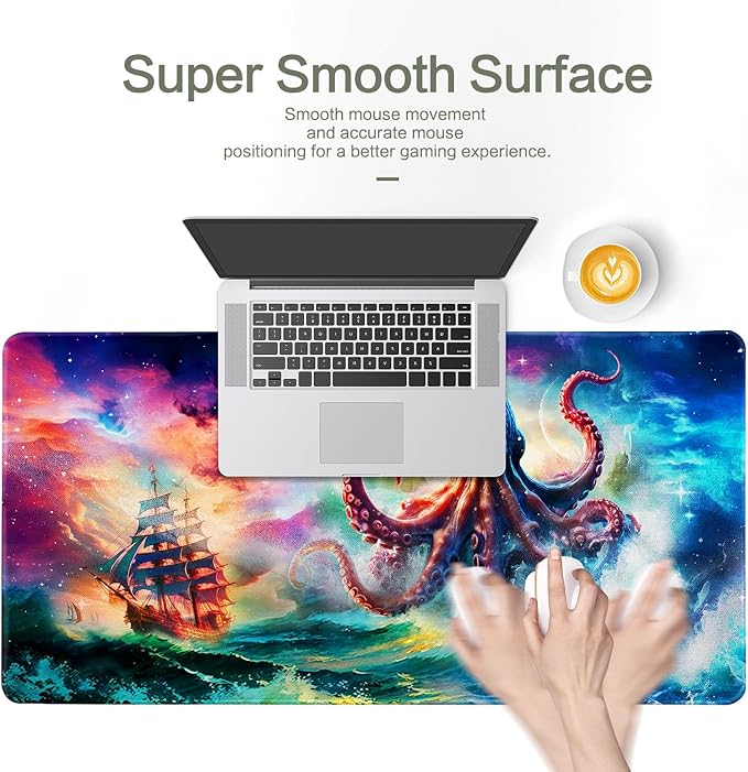 Vimorco Large Gaming Mouse Pad, Large Desk Pad Big Computer Mat Mousepad, Desk Mat Laptop Keyboard Mouse Mat for Game/Office/Home/Work 31.2x15.6 in, Octopus Monster Sailing Adventure
