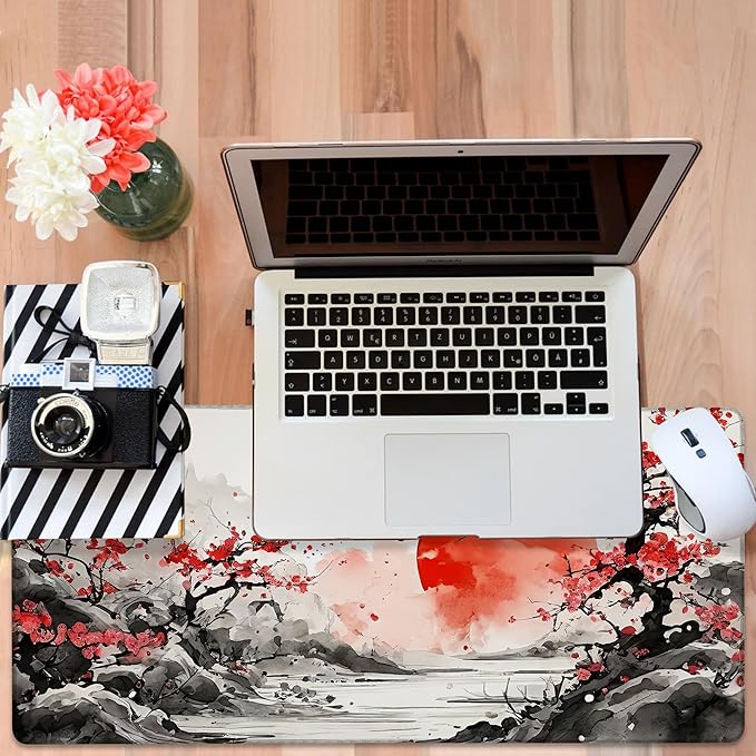 Large Mouse Pad Ink Painting Gaming Desk Pad Computer Keyboard Non-Slip Waterproof Mouse Mat with Rubber Base and Stitched Edges Entertainment Office Writing Desk Mat 35.4 x 15.7 Inches