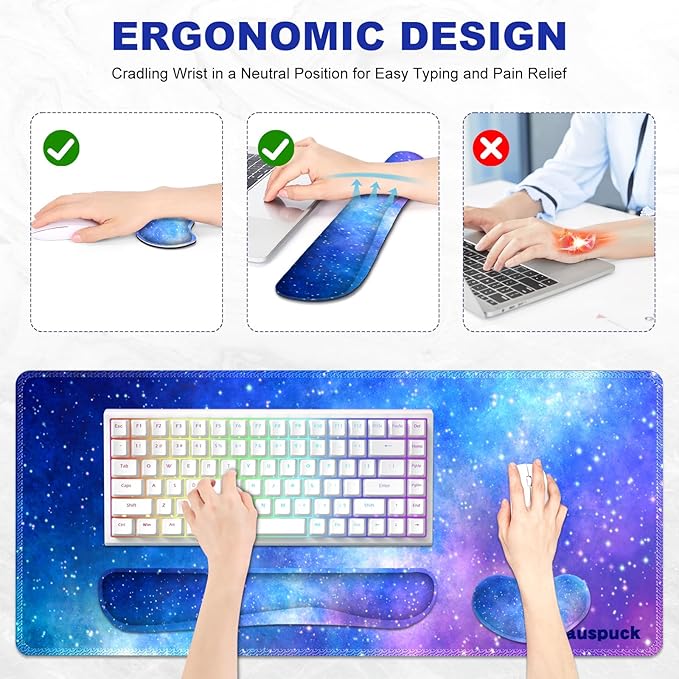 Desk Mat, Gaming Mouse Pad Wrist Rest Support Combo, XXL Large Mousepad + Keyboard Wrist Support +Mouse Wrist Rest+Coaster Set with Ergonomic Design 4in1 for Home Office, Nebula Galaxy