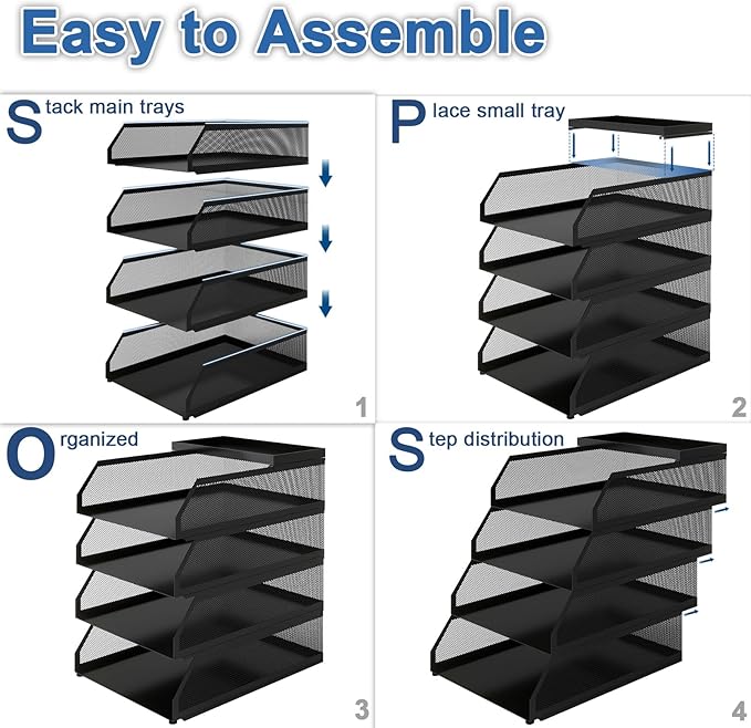 Natwind 4-Tier Desk Organizer,Stackable Paper Tray, Desk Accessories,Metal Mesh Desktop Organizer, Paper Sorter, Letter Trays,File Document Storage Rack for for Home, Office, School (Black)