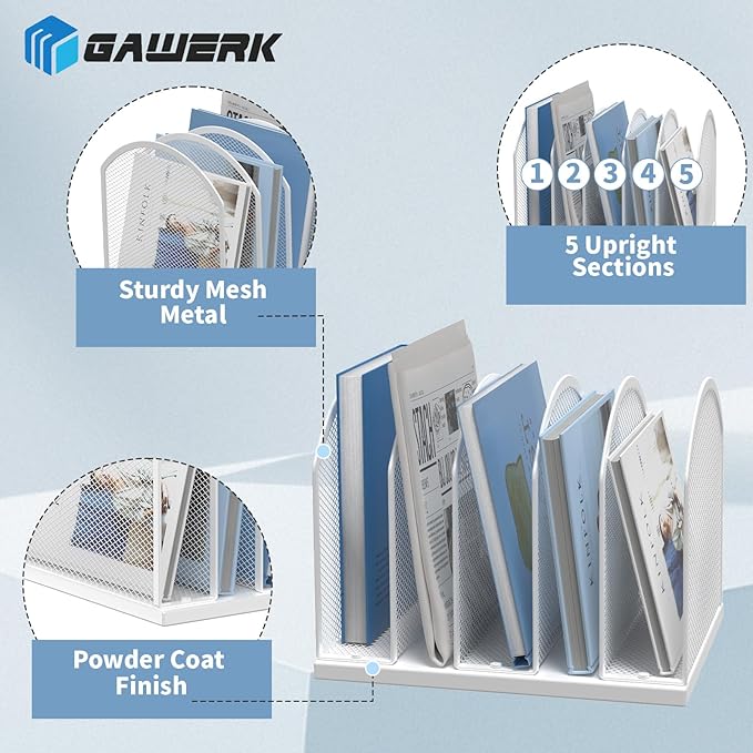5-Section Vertical Desktop Organizer, 5-Section Mesh File Folder Stand Sorter for Office Home Classroom Organization (1, White)